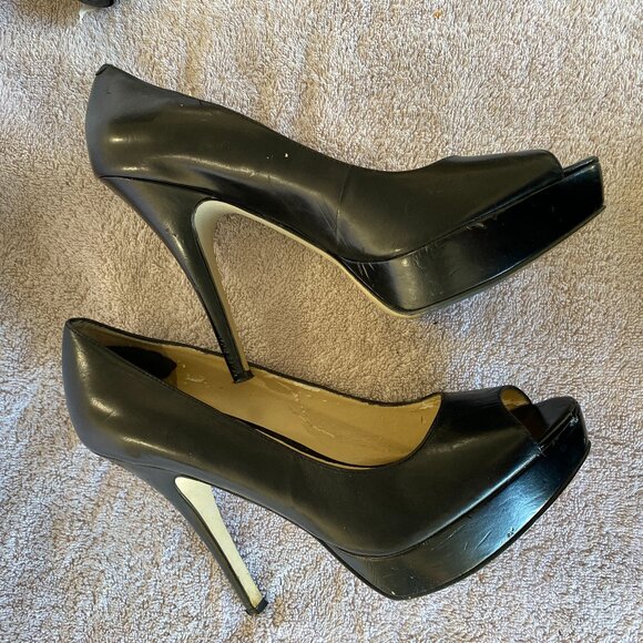 Enzo Angiolini Black Leather Peep Toe Heels Size 8M Classic Pumps - Picture 7 of 8